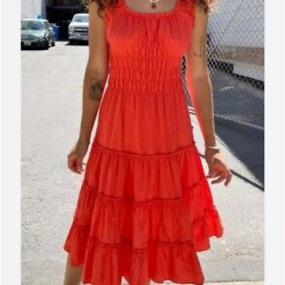 Lisa Says Gah Red Smocked Tiered Midi Sundress Agatha Dress Tomato